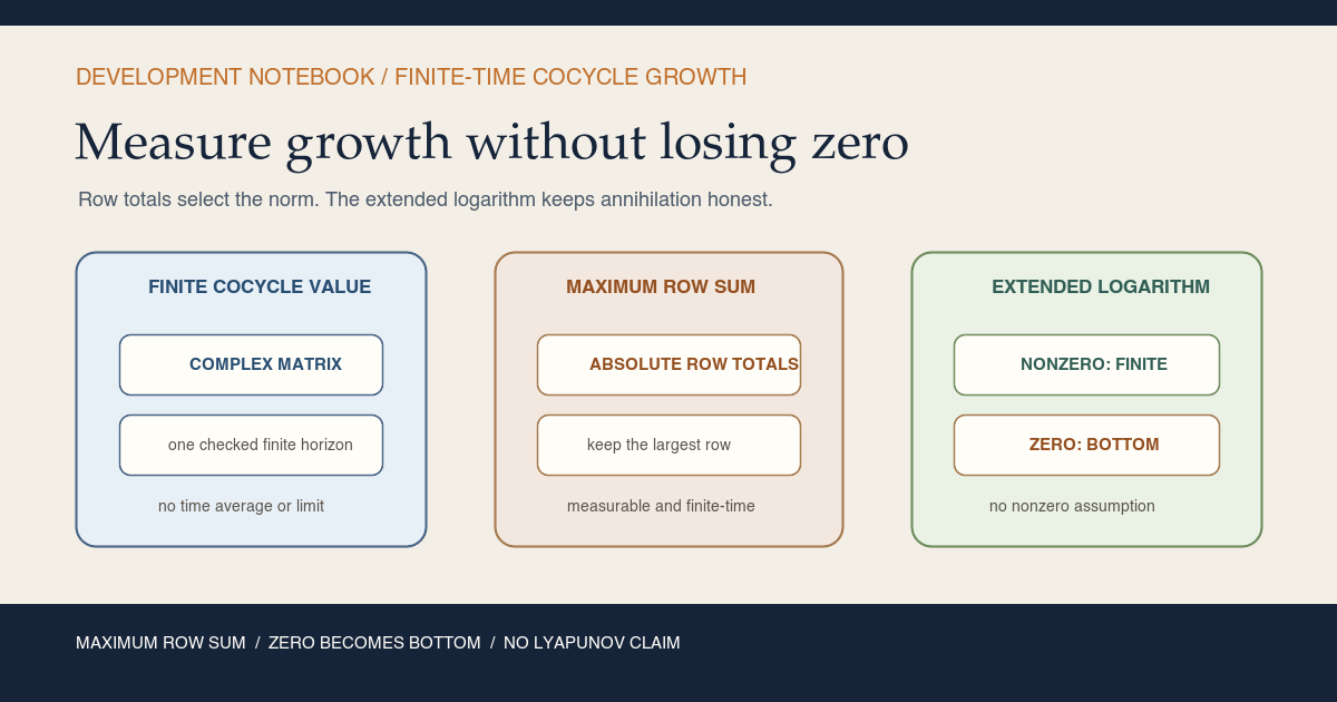 Warm-paper teaching card showing a finite cocycle matrix becoming row totals and a maximum norm, then branching to an ordinary finite logarithm for nonzero values and extended-real bottom for zero; the footer states finite time only and no Lyapunov conclusion.