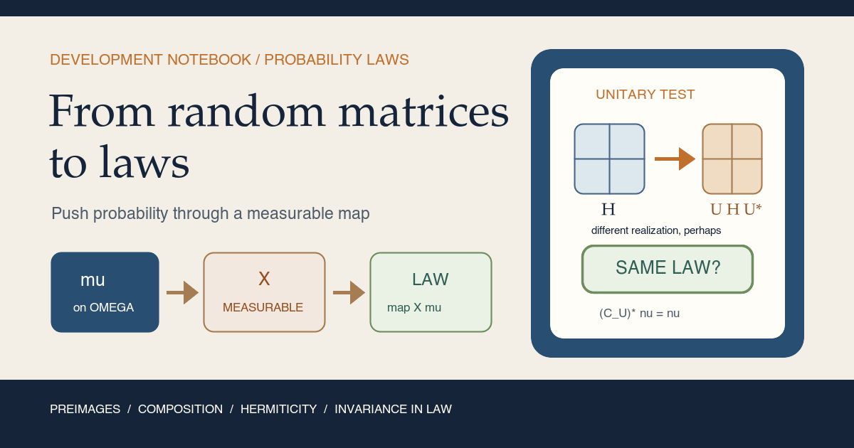 Warm-paper teaching card showing a sample-space measure transported through a measurable random matrix into a matrix law, with unitary conjugation posed as equality of laws rather than pointwise equality.