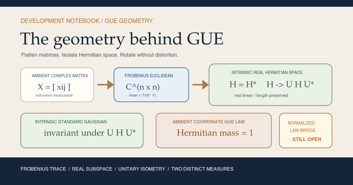 Warm-paper teaching card showing an ambient complex matrix flattened into Frobenius Euclidean space, restricted to a real Hermitian subspace, rotated by unitary congruence without changing length, and paired with separate badges for intrinsic Gaussian invariance and full-mass Hermitian support of the ambient GUE law.