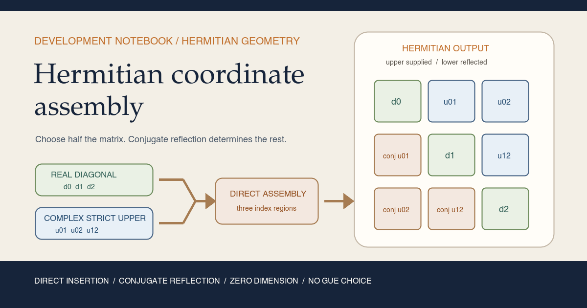 Warm-paper teaching card showing real diagonal coordinates and complex strict-upper coordinates flowing through direct assembly into a three-by-three Hermitian matrix, with conjugate reflection below the diagonal and no normalization choice.