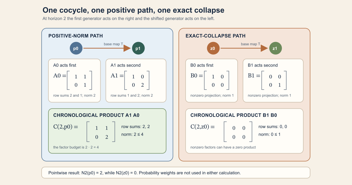 Two horizon-two cocycle paths: a shear followed by a stretch gives matrix one one; zero two with row-sum norm two and factor budget four, while two nonzero coordinate projections multiply to the zero matrix with norm zero and factor budget one.