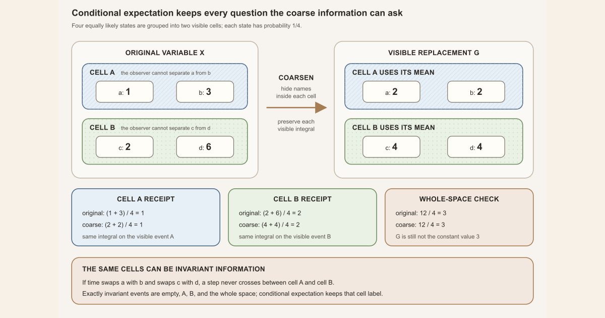 Warm-paper glossary card grouping four fine observable values into two visible cells and replacing each group by the value that preserves its cell integral.