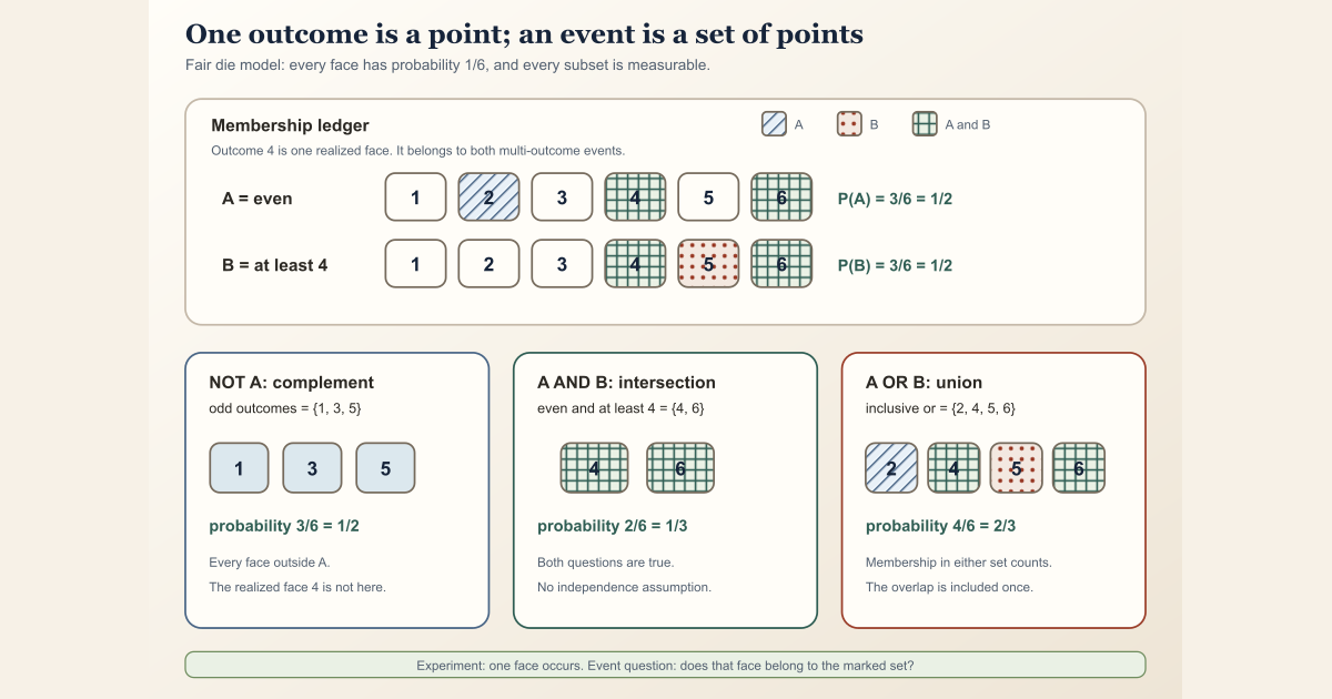 A fair die separates outcomes from events and computes complement, intersection, and union probabilities with patterned sets.