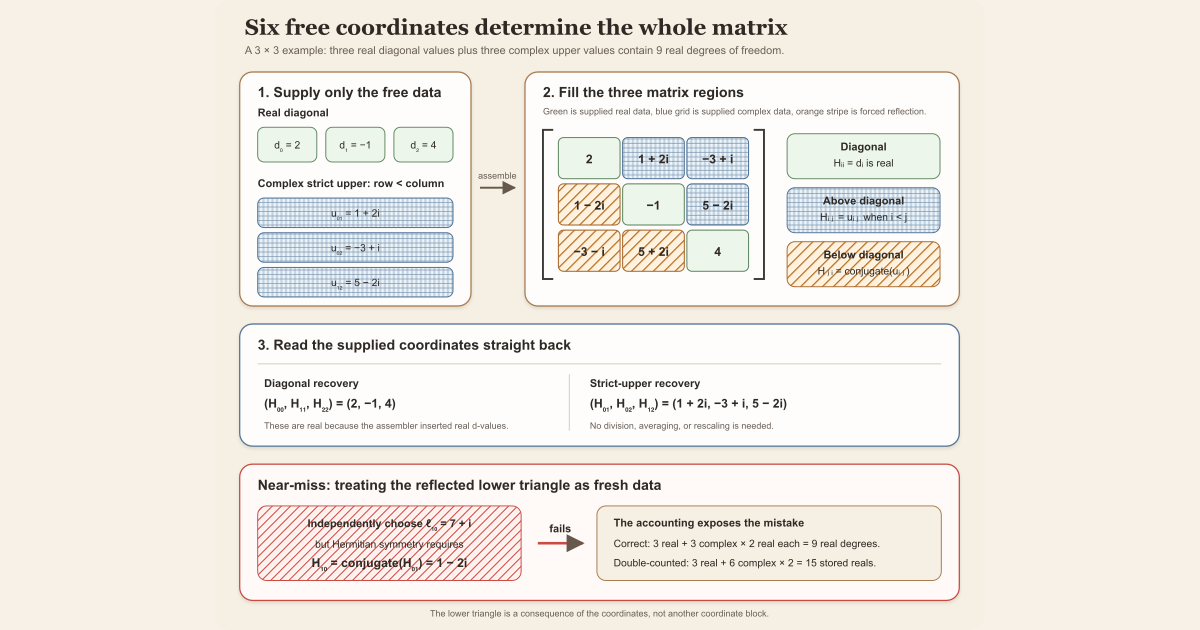 Three real diagonal and three complex upper-triangle coordinates assemble a three-by-three Hermitian matrix, recover exactly, and total nine real degrees of freedom.