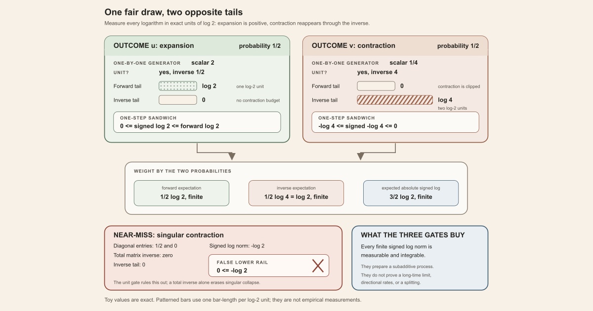 A fair two-outcome model uses scalar generators two and one quarter; their forward log-positive tails are log two and zero, their inverse tails are zero and log four, and both signed logs lie between the resulting rails.